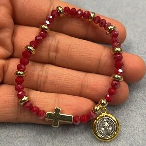 Saint Benedict Gold and Red Beaded Bracelet with Cross Charm